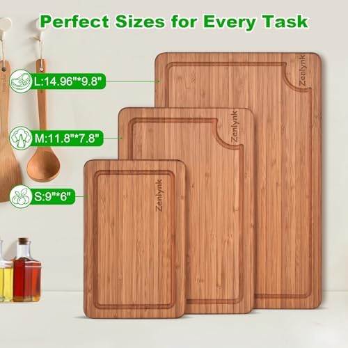 Bamboo Cutting Boards for Kitchen, 3 Piece Bamboo Cutting Board Set