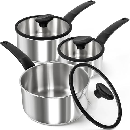 MICHELANGELO Stainless Steel Saucepan with Lid 1QT & 2QT & 3QT, Triply Stainless Steel Saucepans with Bakelite Handle, Premium Nonstick Sauce Pot Set for Kitchen Cooking, Induction Compatible