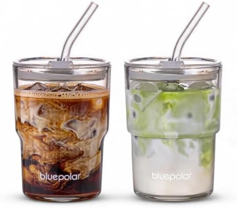 BLUEPOLAR 13oz/400ml Glass Water Tumbler with Straw and Lid Sealed