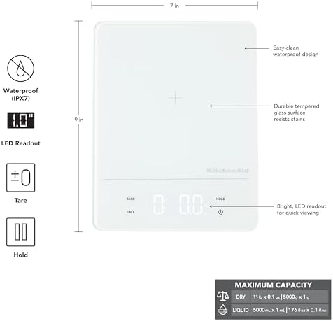 KitchenAid KQ913 Digital Waterproof (IPx7) Kitchen and Food Scale, LED