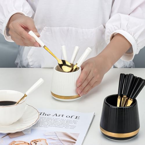 6PCS Coffee Spoons with Ceramic Jar Holder, Small Stainless Steel Gold