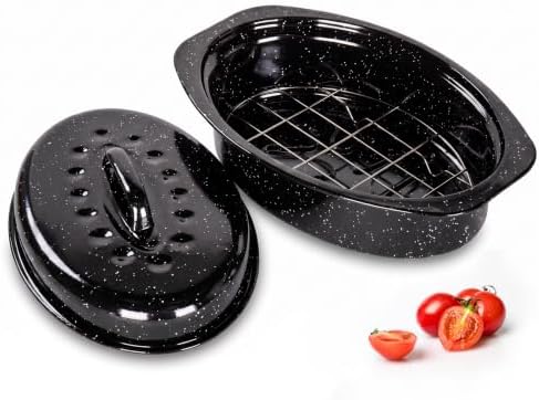 Enamel Roasting Pan with Lid and Rack 13" Oval Roaster,Upgraded Small Roast Pot for Chicken Vegetables Lasagna Nonstick Carbon Steel Baking Dish for Oven Sourdough Bread Pan Daily Meals