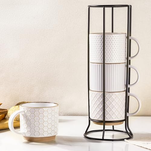 GBhome 12oz Stackable Coffee Mugs with Stand, Ceramic Coffee Cups Set