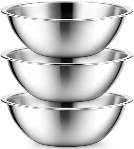 3 Pack Stainless Steel Mixing Bowls, 6 Quart Flat Base Stainless Steel