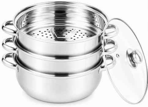 3-Tier Stainless Steel Steamer for Cooking, 28cm Multipurpose Food Steaming Cookware with Glass Lid, Dishwasher for Seafood Vegetables Rice Compatible with Gas Electric Induction & Halogen Stoves