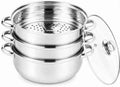 3-Tier Stainless Steel Steamer for Cooking, 28cm Multipurpose Food Steaming Cookware with Glass Lid, Dishwasher for Seafood Vegetables Rice Compatible with Gas Electric Induction & Halogen Stoves