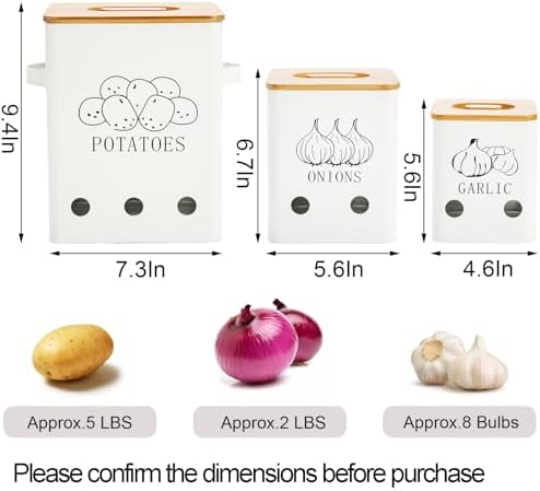 WUWEOT 3 Pack Vegetable Storage Tins, Metal Onion Garlic Potato Jars