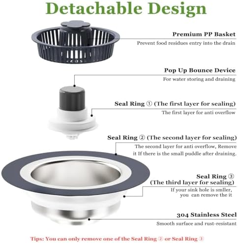 3 in 1 Kitchen Sink Drain Strainer and Stopper Combo,Stainless Steel