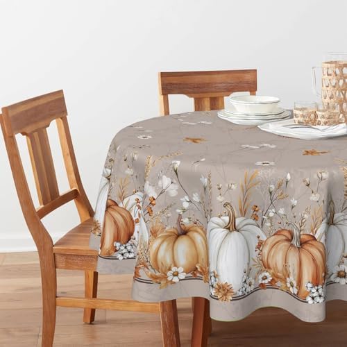 Horaldaily Fall Tablecloth 70 x 70 Inch Round White Orange Pumpkin