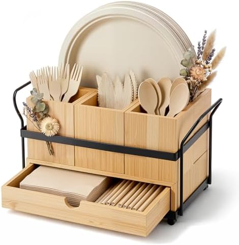 Qunclay Bamboo Silverware Caddy, 4 Compartments