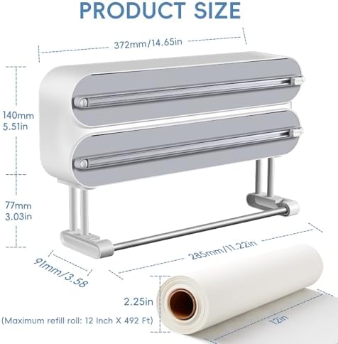 Magnetic Plastic Wrap Dispenser with Cutter,3 in 1 Aluminum Foil wrap Organizer,Upgrade Practical Refillable Cling Wrap Film Cutter，Wall Mount Kitchen Wrap Dispenser - Fits 12" Roll, White