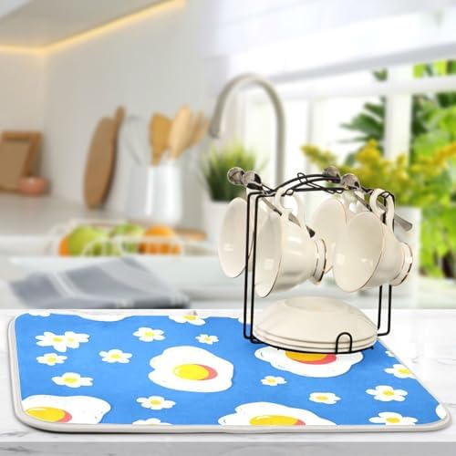 OTVEE Blue Breakfast Art Dish Drying Mat for Kitchen Counter Absorbent