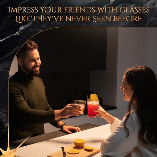Whiskey Glasses Gift Set of 2, 12 oz Gold Rim Hammered Triangle