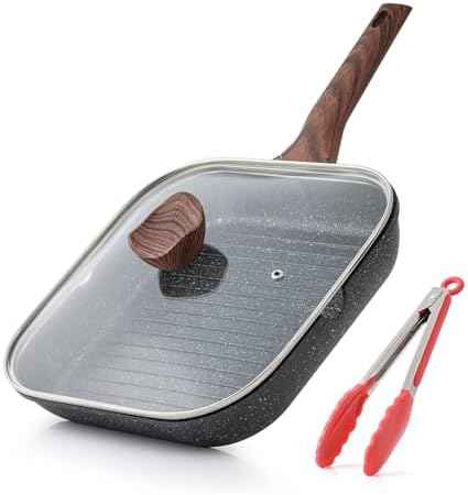 Kordisen Nonstick Grilling Pan with Lid for Stove Tops, 11 Inch Square Grill Pan for Indoor Cooking, Granite Coating Grill Skillet with Pour Spouts, Versatile Griddle, Induction Steak Pan, PFOA Free