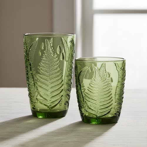 Green Drinking Glasses Set of 8 - 12 & 10 oz, Vintage Boho Fern Glass