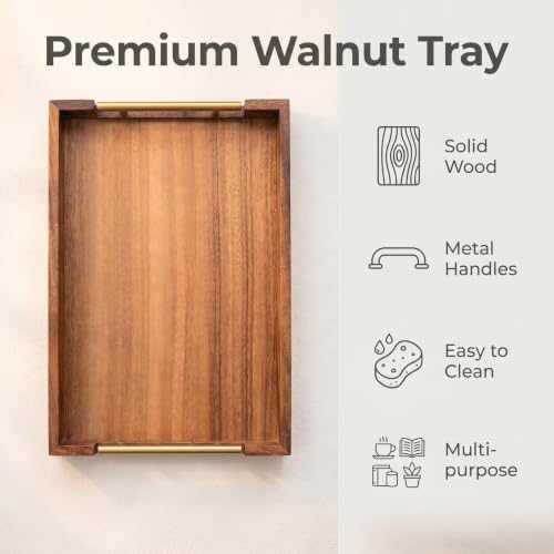 Walnut Wood Serving Tray with Metal Handles, Decorative Wooden Tray