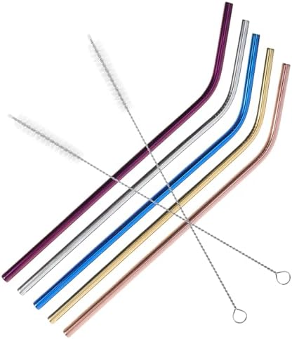 Reusable Steel Drinking Straws Set with Brush, Straight Curved Design