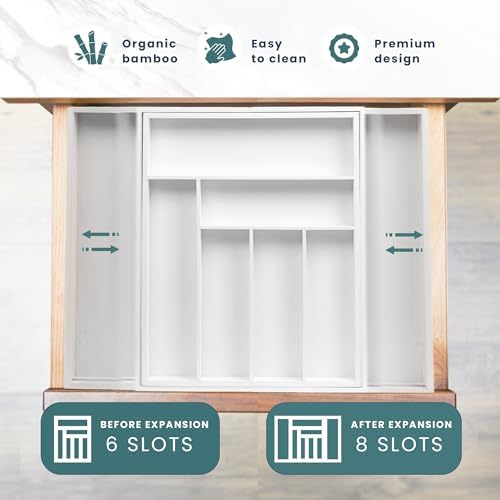 Sben Bamboo Cutlery Drawer Organizer, White, Medium