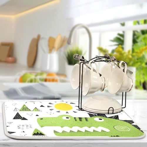 OTVEE Dinosaur Art Dish Drying Mat for Kitchen Counter Absorbent Heat