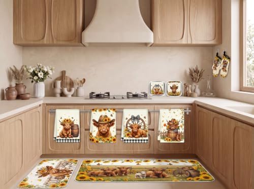 Tieshankao 10PCS Highland Cow Kitchen Decor Set, Sunflower Towels Pot