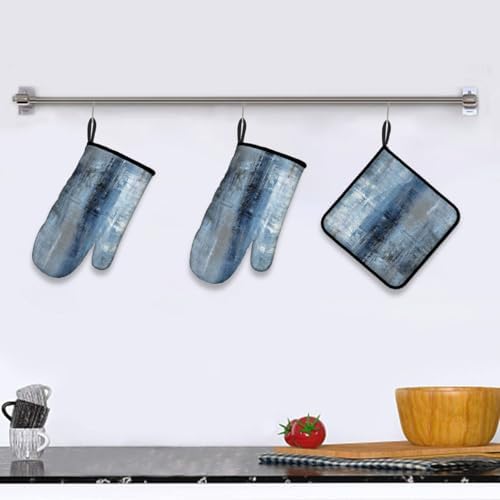 LOKMU Oven Mitts and Pot Holders Set of 3, Blue and Grey White