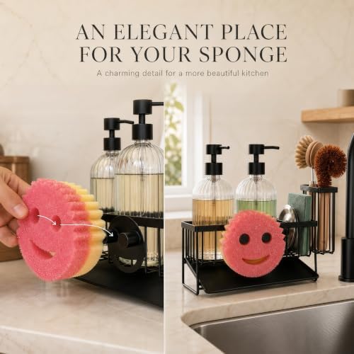 Kitchen Soap Dispenser Set with Sponge Holder, Clear Glass
