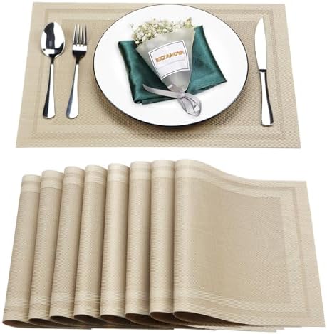 Beige Vinyl Placemats Set of 8,Washable Dining PVC Table Mats