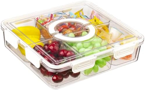 Divided Serving Tray with Lid & Handle, 6 Compartment Removable Snack