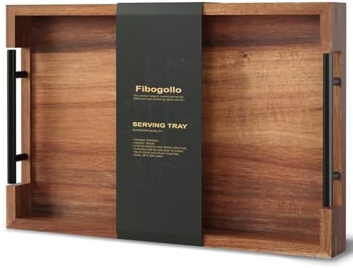 Fibogollo Acacia Wood Serving Tray with Metal Handles,15x10in Ottoman