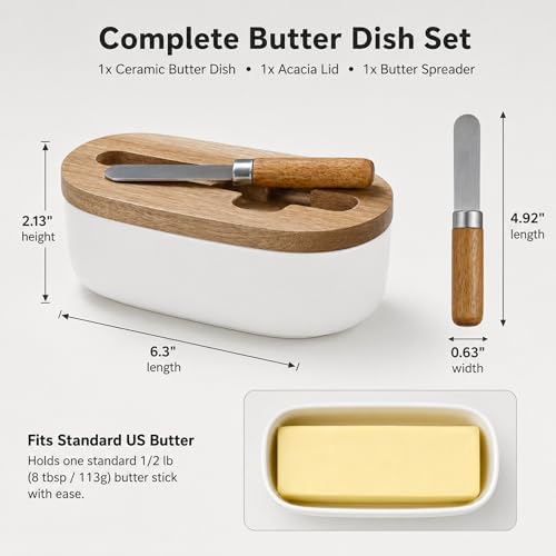 Butter Dish with Lid – Acacia Wood Cover & Ceramic Base, Butter Holder