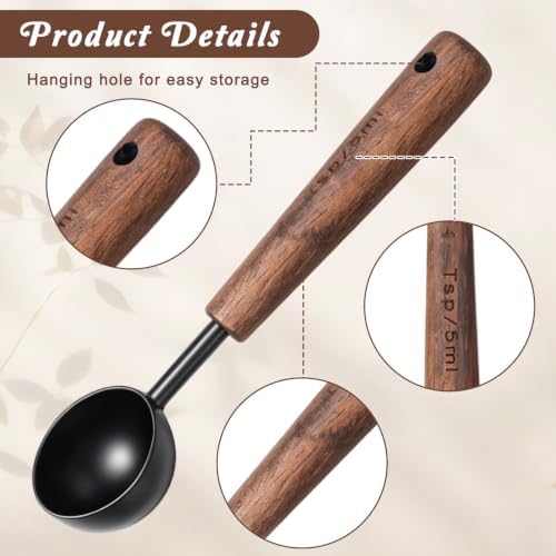 4 Pcs Wooden Handle Measuring Spoons, Black Stainless Steel Measuring