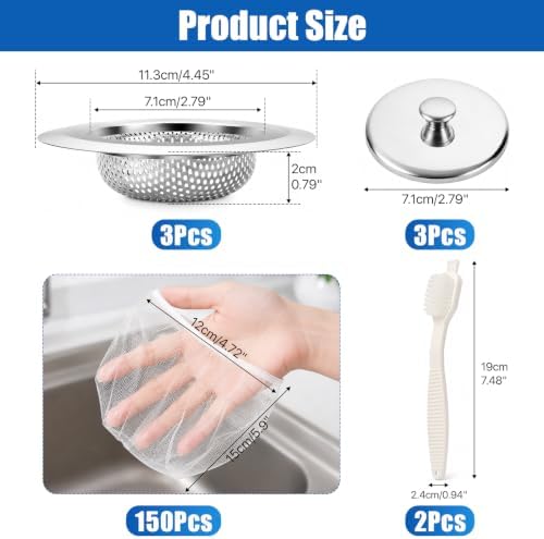 4.5"Stainless Steel Sink Drain Strainer Set of 3,150 Disposable Drain
