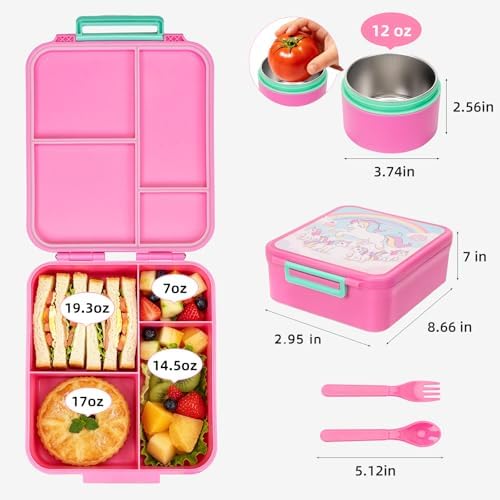 Kids Bento Lunch Box with 12oz Insulated Food Jar, 4-Compartment Lunch