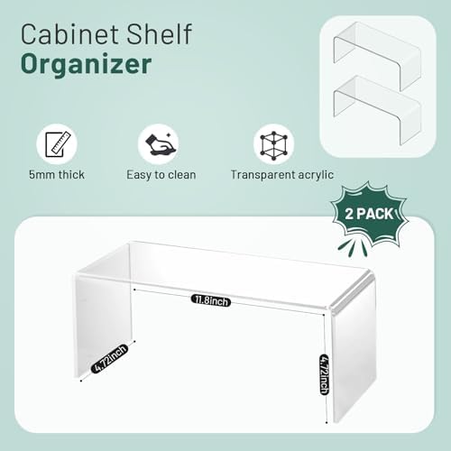 Clear Cabinet Shelf Organizers, 2 Pack Shelf Risers Kitchen Cabinets, Spice Rack for Dishes, Soda Cans and Cup（11.8 x 4.72 x 4.72 Inch）