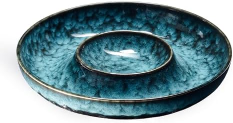 Ceramic Chips and Dip Serving Tray - Large Divided Party Bowl Set for Salsa, Veggies, Fruit & Snacks - Modern Minimalist Appetizer Platter with Unique Kiln-Change Glaze (Blue Marbled)