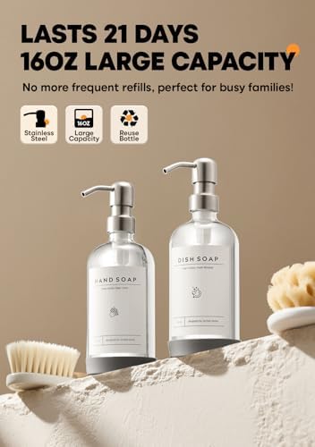 Kitchen Soap Dispenser Set with Drying Tray, 16oz Glass Bottles