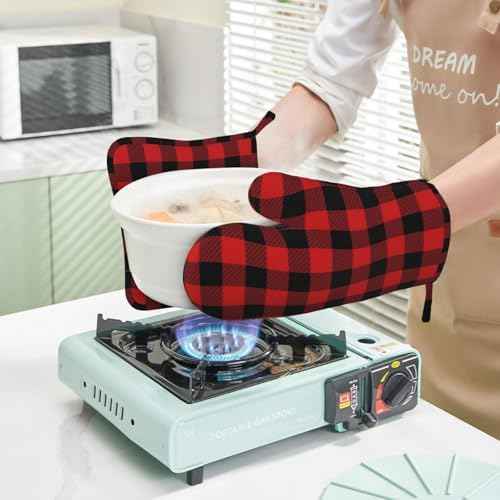 Buffalo Plaid Black and Red Oven Mitts and Pot Holders Set, 4pcs Black