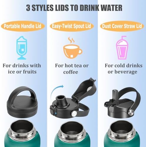 Water Bottle Insulated 32oz 40oz 64oz 128oz Straw Lid Spout Lid & 3