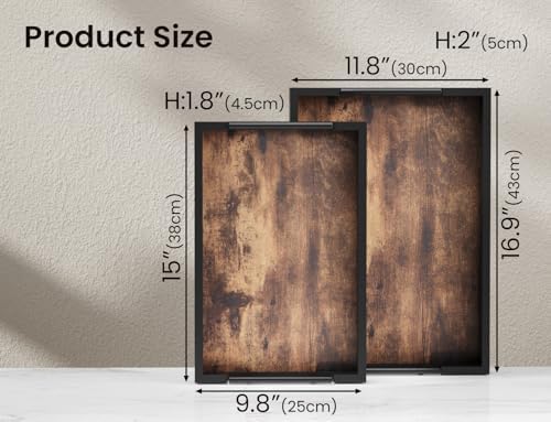 Fibogollo Set of 2 Wooden Serving Trays with Metal Handles