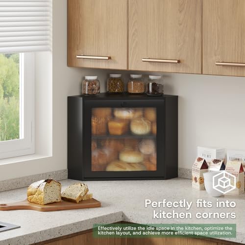 kiplant Black Corner Bread Box for Kitchen Countertop - Bamboo Wood, Wavy Acrylic Door, Adjustable 2-Layer Bread Storage Container, Large Bread Holder
