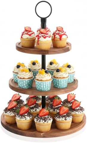 3 Tier Cupcake Stand, Round Wooden Cupcake Display Stand with Metal