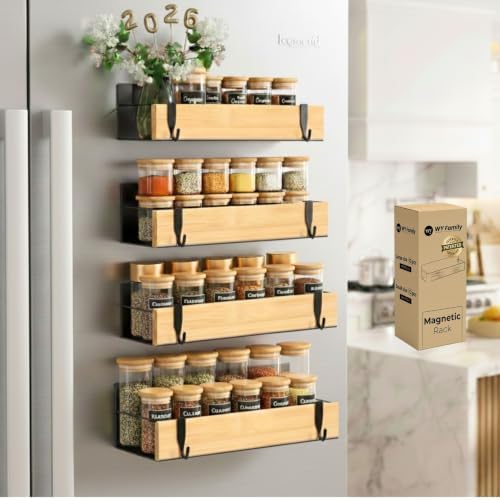 4 Pack Magnetic Spice Rack for Refrigerator, Real Bamboo