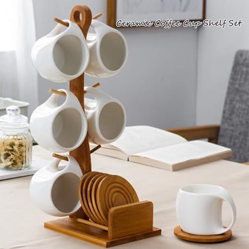Bamboo Coffee Mug Holder Tree, Ceramic Coffee Cup Shelf Set 6 Piece