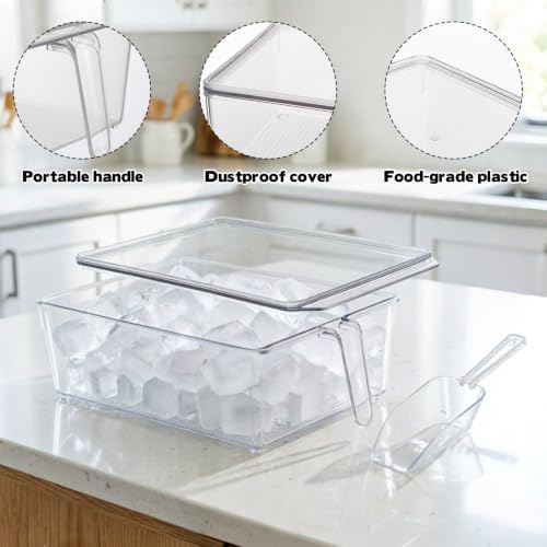 2 Set Large Ice Bin for Freezer with Lid and 2 Scoop Set, Plastic