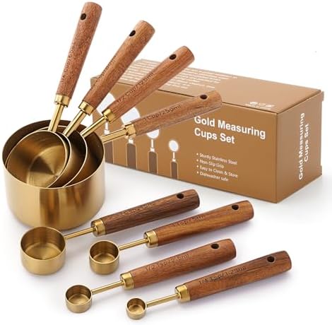 SHIKORI Gold Measuring Cups and Spoons Set with Wood Handles 8PCS