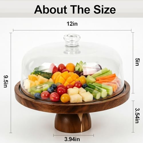Acacia Wood Cake Stand with Lid, 12in Cake Stand with Acrylic Dome