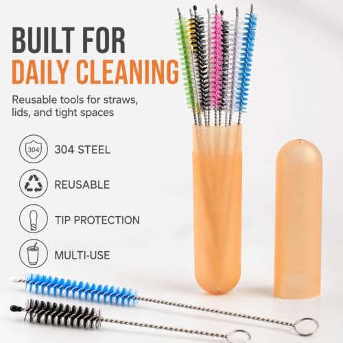 10-Piece Straw Cleaner Brush Set with Case, 304 Stainless Steel, 5-10