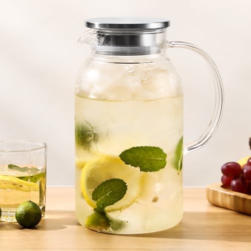 2Pack 68 oz Glass Pitcher With Lid. Glass Carafe for Hot/Cold Water.