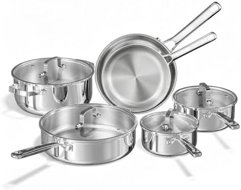 Tri-Ply Stainless Steel Cookware Set, 10pcs Pots and Pans Set Non Toxic