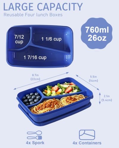 Meal Prep Containers, 4 Pack 3 Compartments Bento Lunch Box
